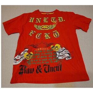 Y2K Ecko Unltd Raw and Uncut Skull Graphic T Shirt‎ Mens Medium Streetwear Red